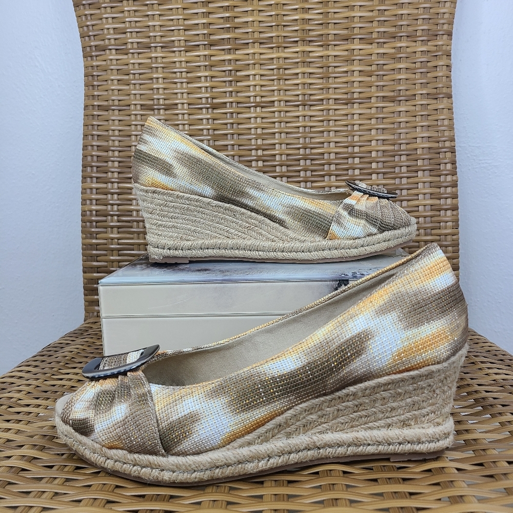 Naturalizer Shoes Espadrille Wedge Peep Toe Southwestern Brown White Size 8.5
